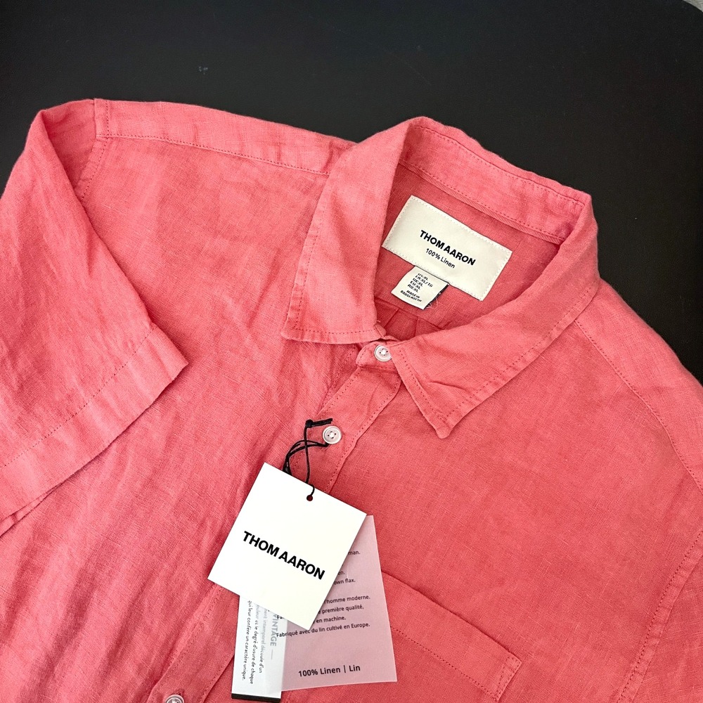 Thom Aaron Linen Shirt Mens XL Pink Button Up Short Sleeve Resort Beach NWT